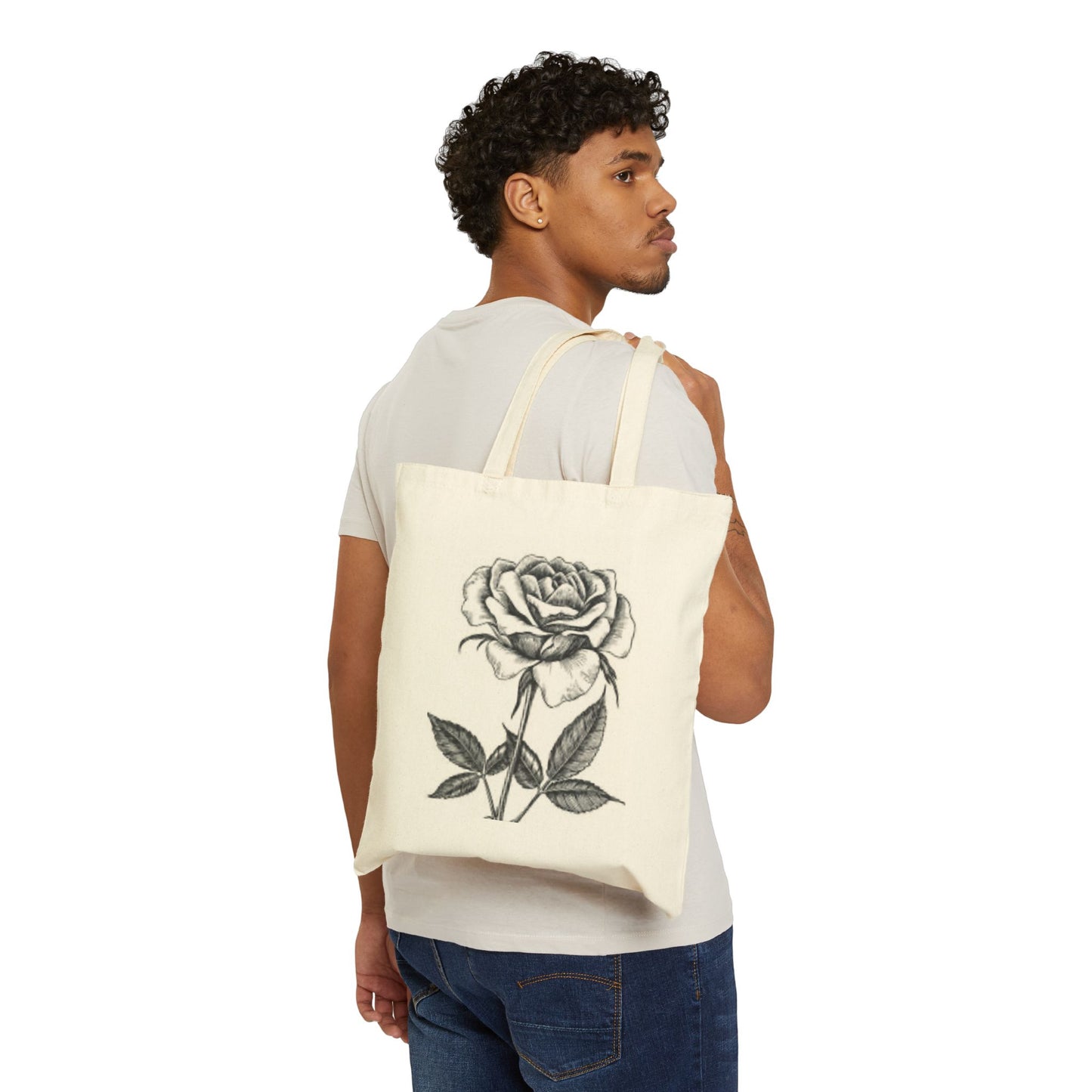 Elegant Floral Cotton Canvas Tote Bag - Vintage Rose Design